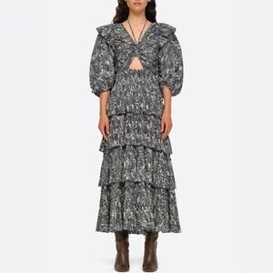 Sea New York Priya Tiered Floral Puff Sleevel Midi Dress Size M